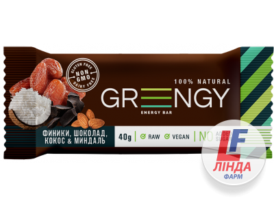 Greengy (Гринжи) Батончик финики, шоколад, кокос и миндаль 40г-0