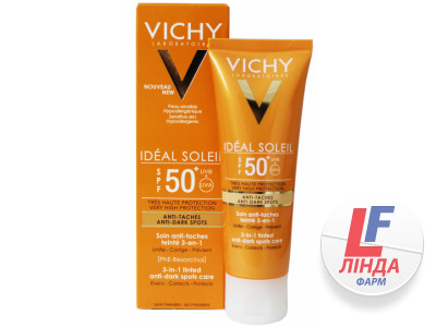 Vichy Ideal Soleil (Віші Ідеаль Солей) Крем сонцезахисний з тонуючим ефектом проти пігментних плям 3в1 SPF50+ 50мл-0