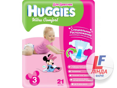 Подгузники для детей HUGGIES ULTRA COMFORT (Хаггис Ультра Комфорт) размер 3 (5-9кг) №21 для девочек-0