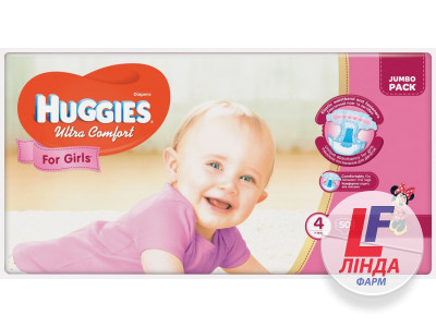 Подгузники для детей Huggies Ultra Comfort 4 (Хаггис Ультра Комфорт) для девочек (8-14 кг) №50-0