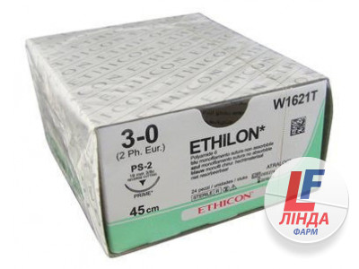 Шовний матеріал Ethilon (Етилон) USP 3/0, синя 45см, голка зворотно-ріжуча 26мм №12-0