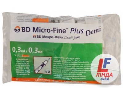 Шприц інсуліновий 0,3 мл U-100 BD Micro-Fine Plus DEMI 30G (0,30 x 8.0 мм), 1 штука-0